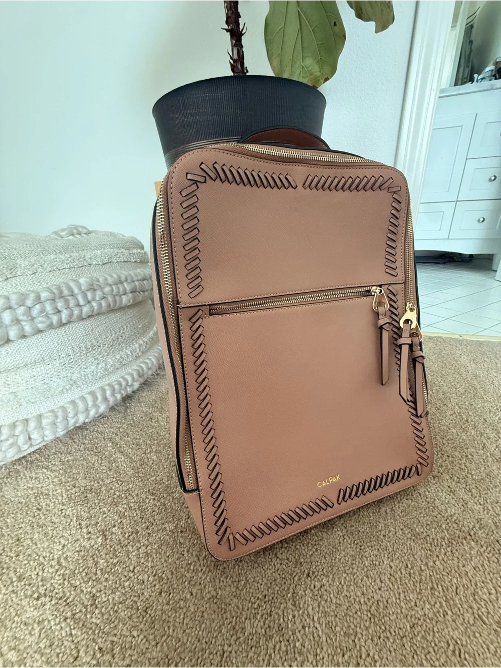 Calpak Rose Tan Backpack with Whipstitch Trim